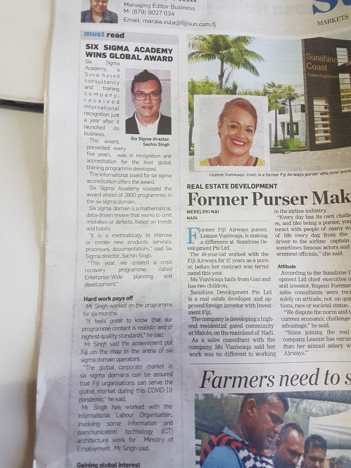 Fiji Times article on Six Sigma Academy award